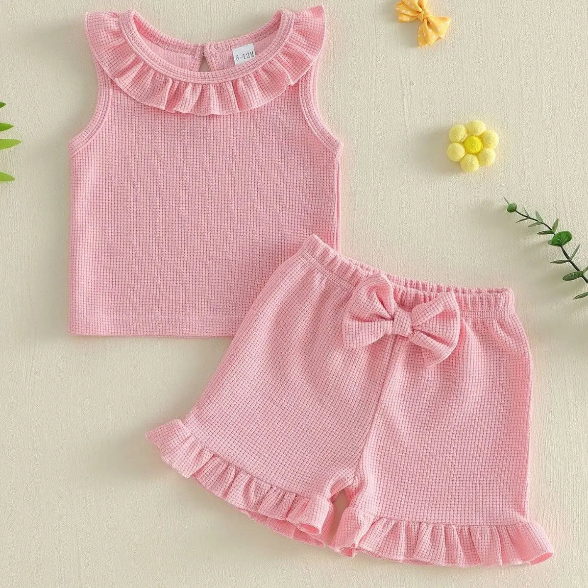 0-3Y Baby Girls Summer Waffle Knit 2Pcs Clothes Set Infant Ruffle Neck Sleeveless Tank Top Pink Shorts Sweet Pink Outfits