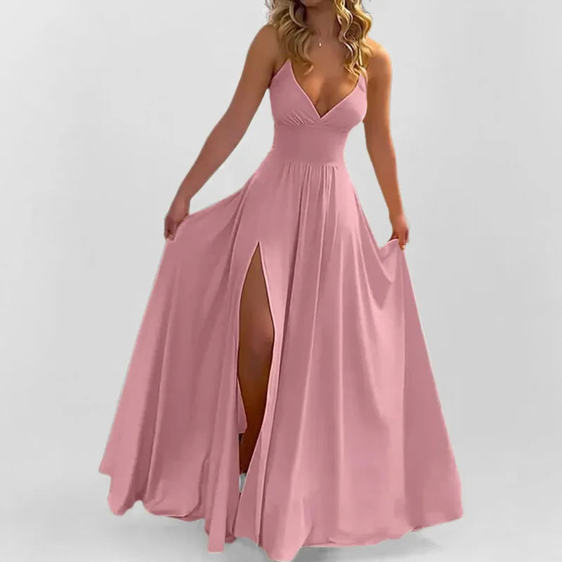 2025 Summer Women's Fashionable Long V-neck Backless Suspender Dress Women's Dress Sleeveless Split Design Elegant Party Dress