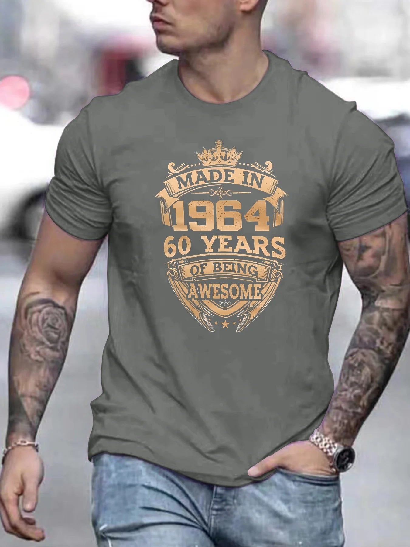 Men's summer 100% pure cotton fashionable sports casual loose fit made in 1964 print round neck short sleeved T-shirt top