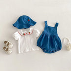 2026 Summer New Baby Girl Overalls + Cute Strawberry Lapel Shirts + Hat 3pcs Suit Fashion Infant Clothes Set Toddler Outfits