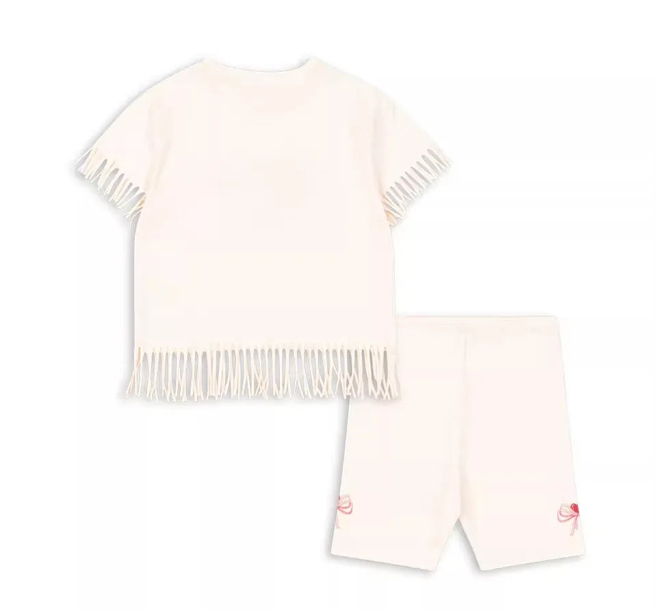 2025 KS Brand Summer Baby Girls Tassel Dresses T Shirts + Shorts Suits Sets Kids Clothes Girls Cotton Cherry Tank Dress Top 1-9Y