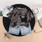 Children Streetwear 2 Piece Outfit boys 1-5 Years Summer Cotton Short Sleeve T-Shirt Denim Shorts Graffiti Print set