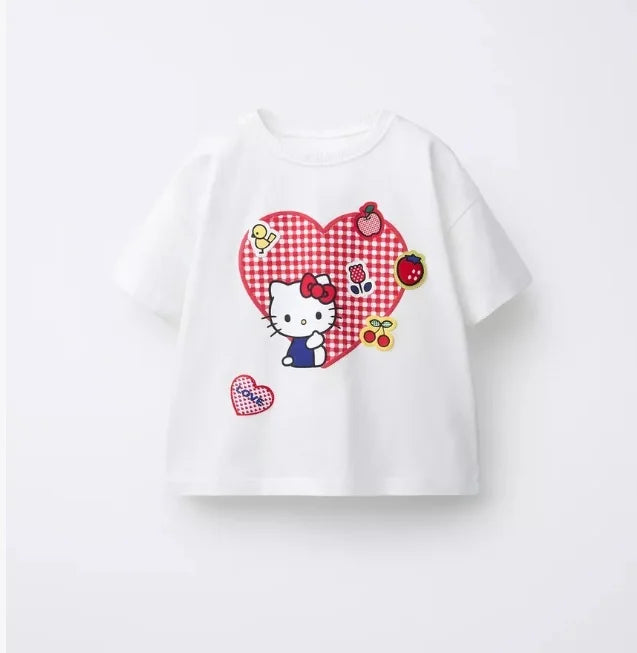 Sanrio 2026 Summer Comic Form Hello Kitty Image 100% Cotton Printed Casual T-shirt Adult Children Parent-child Top Homewear Y2k.
