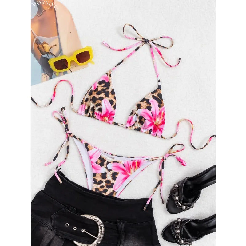 Sexy Leopard Print Two Piece Swimsuit Set Triangle Bra Suspender Halter Backless Bikini Set Beach Vacation Lace-up Swimwear