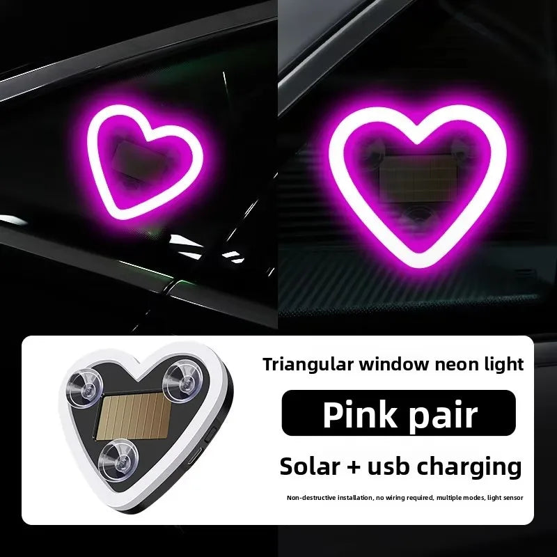 1/2pcs Solar-Powered Led Car Window Neon Lights - Heart-Shaped Rgb-Free Color-Changing Interior Wiring Free Atmosphere Light