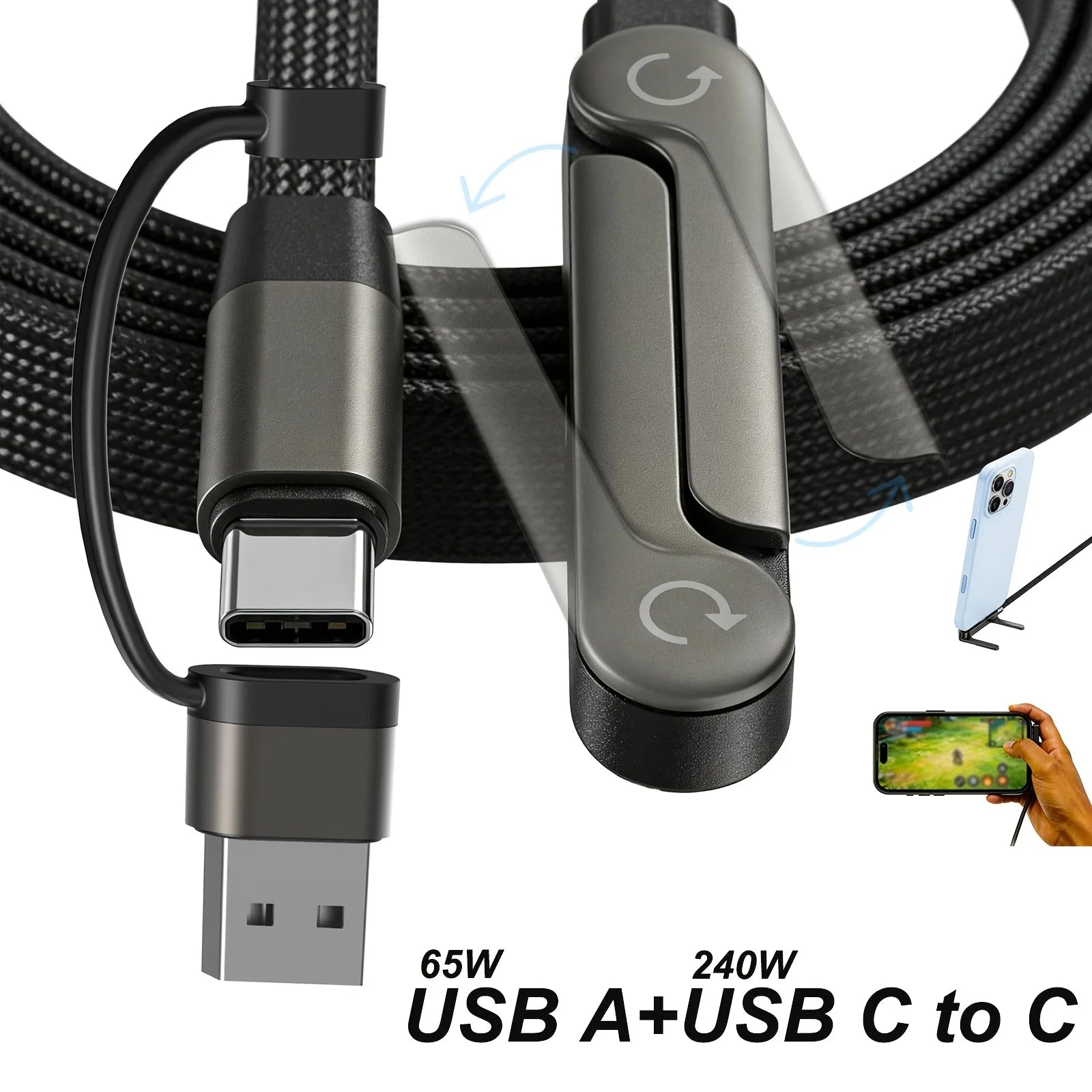 240W Quick Charge Collapsible Phone Stand 3-In-1 Data Cable With Type-C/Usb-A Connectors for iPhone 14-17 And Other Cellphone