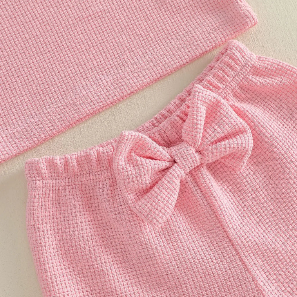 0-3Y Baby Girls Summer Waffle Knit 2Pcs Clothes Set Infant Ruffle Neck Sleeveless Tank Top Pink Shorts Sweet Pink Outfits