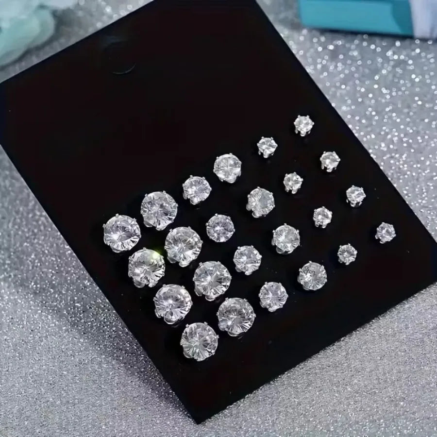 12 Pairs Set Stainless Steel Stud Earrings with Gemstone Buds Round Earrings Unisex Fashion Jewelry Gifts