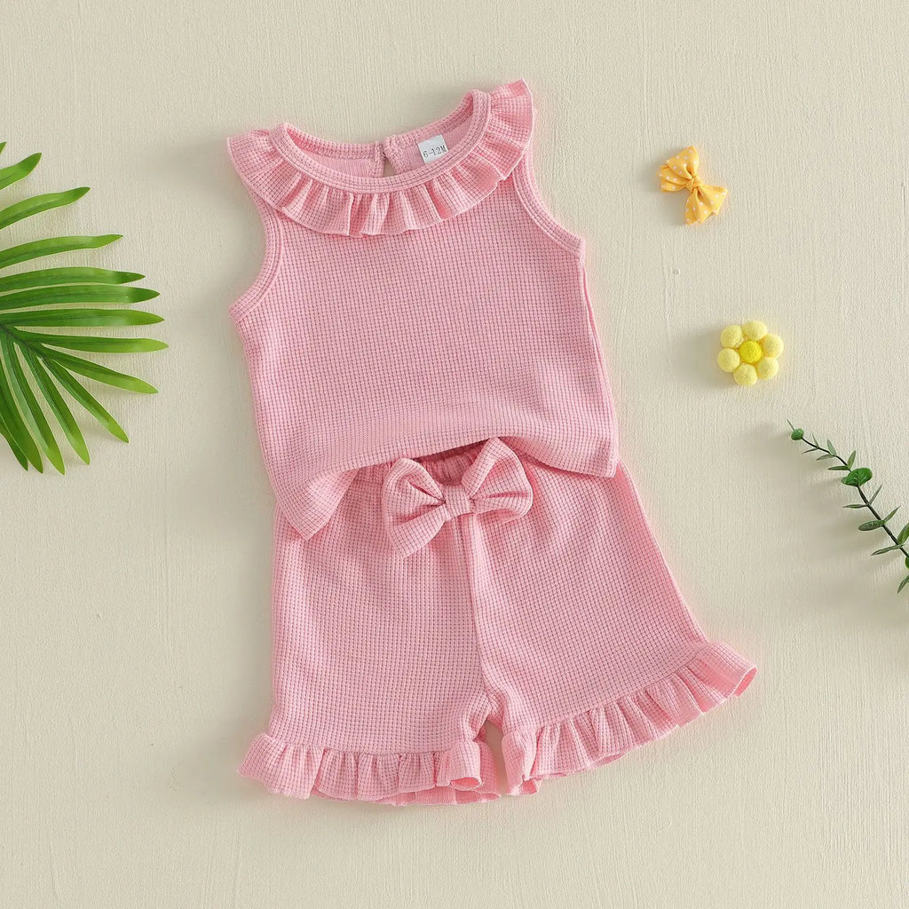 0-3Y Baby Girls Summer Waffle Knit 2Pcs Clothes Set Infant Ruffle Neck Sleeveless Tank Top Pink Shorts Sweet Pink Outfits