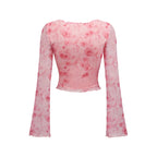 Women's T-Shirt Floral Printed Sweet V-Neck Mesh Summer Vacation Swimsuit Top Flare Long Sleeve Bow Tie Lace Up Woman Clothing