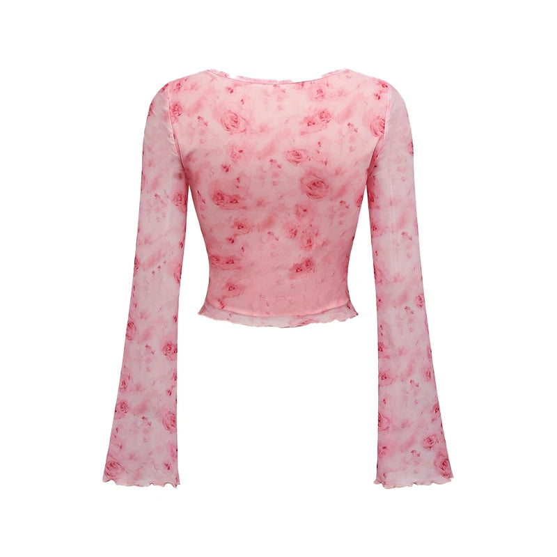 Women's T-Shirt Floral Printed Sweet V-Neck Mesh Summer Vacation Swimsuit Top Flare Long Sleeve Bow Tie Lace Up Woman Clothing