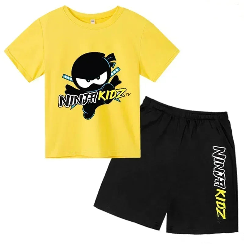 with round neck for boys and girls,Set of t -shirt and short sleeve shorts breathable cotton set with summer ninja print