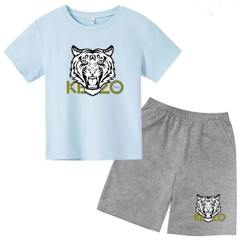 Kids T-shirt Boys Girls Toddlers 3-12Y Fashion Cute Tiger Print Brand Clothing Short Sleeve+Shorts 2P Outdoor Leisure Sports Set