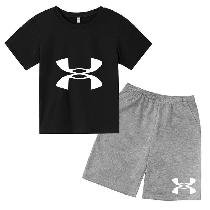 enfants en 2 piècesT-shirt et short de sport à manches courtes pour enfants avec logo imprimé - Ensemble de vêtements de sport