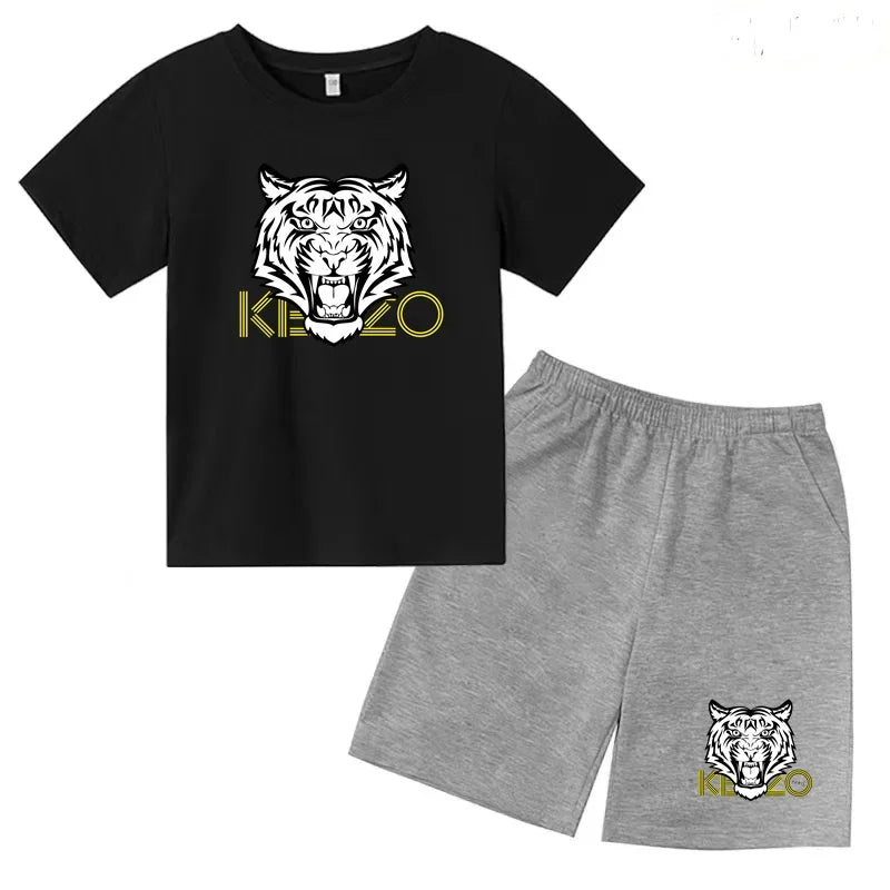 Kids T-shirt Boys Girls Toddlers 3-12Y Fashion Cute Tiger Print Brand Clothing Short Sleeve+Shorts 2P Outdoor Leisure Sports Set