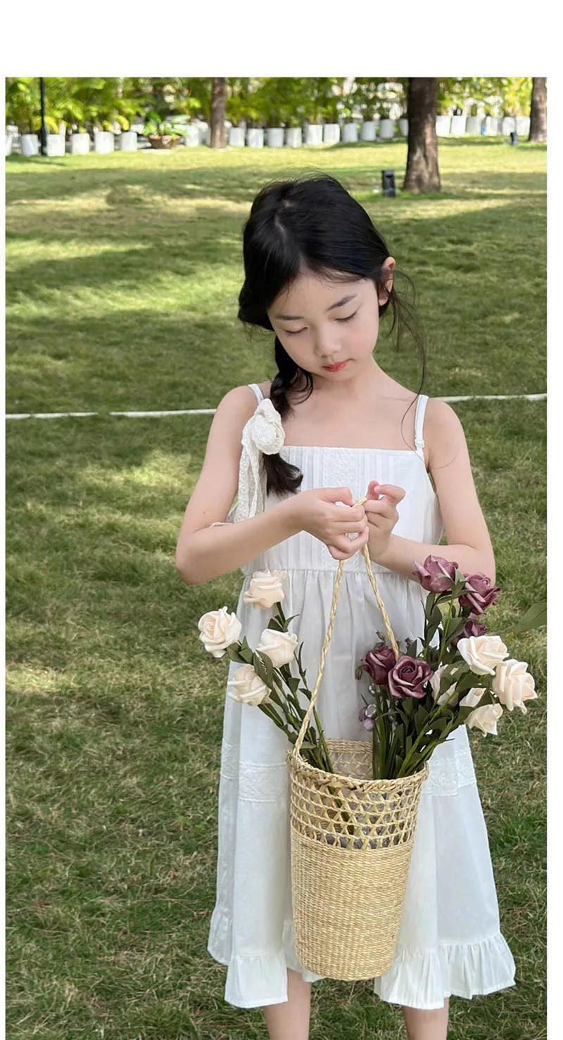 2026 New Girls Dresses Summer Solid Suspenders Dress Hollow-out Long-Sleeved Base Blouse Kid's Beach Wear