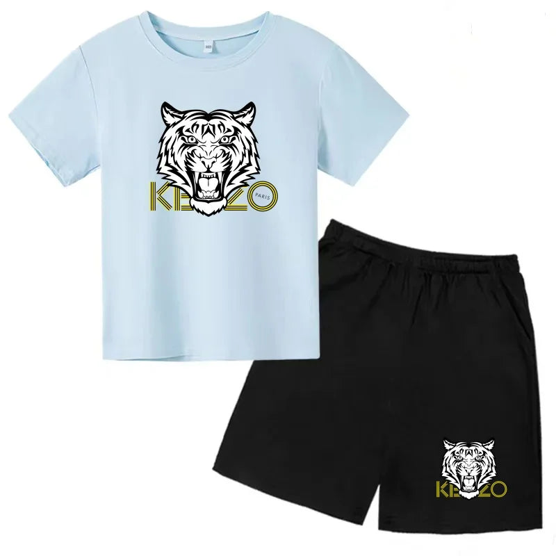 Kids T-shirt Boys Girls Toddlers 3-12Y Fashion Cute Tiger Print Brand Clothing Short Sleeve+Shorts 2P Outdoor Leisure Sports Set