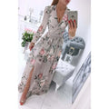 2026 New Women's Summer Long sleeved V-neck Chiffon Printed Bohemian Dress