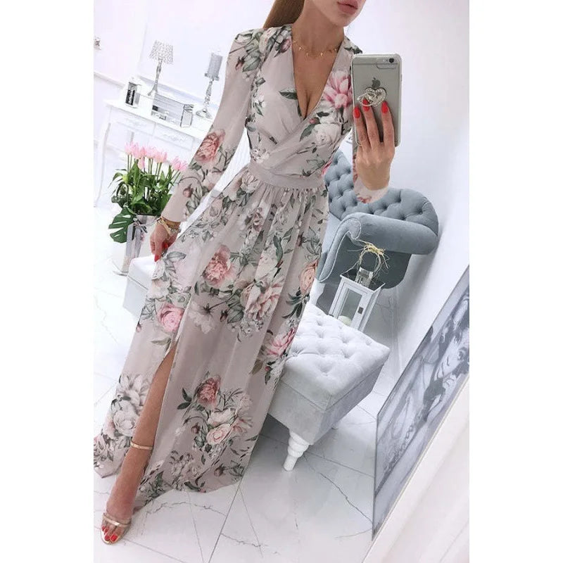 2026 New Women's Summer Long sleeved V-neck Chiffon Printed Bohemian Dress