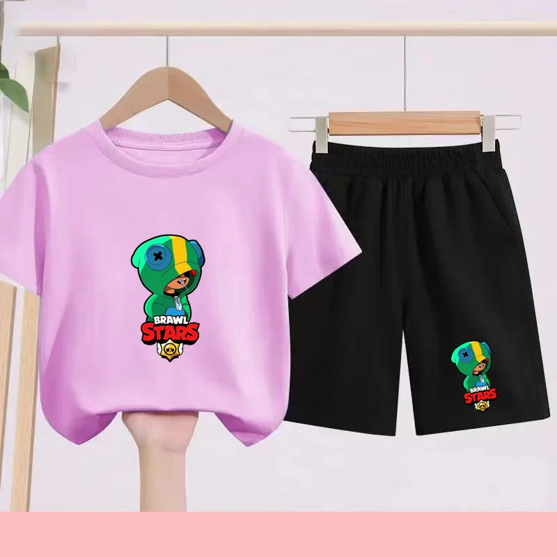 Children's Set Summer Suitable for Both Boys and Girls -Round-neck Cartoon Anime Sports T-Shirt Baby Short-Sleeved Shorts (Set)
