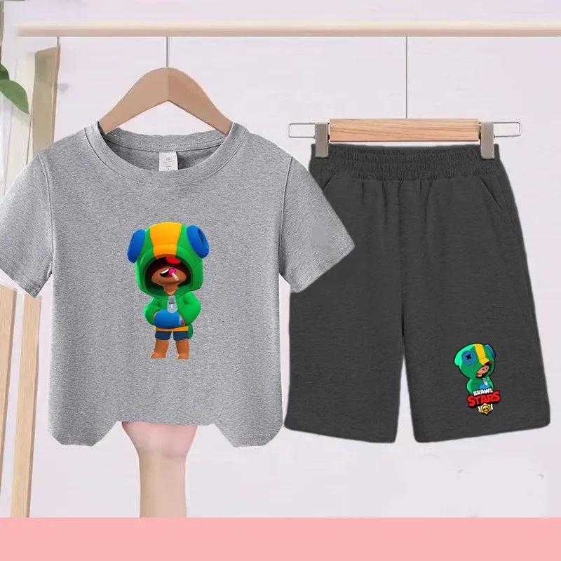 Children's Set Summer Suitable for Both Boys and Girls -Round-neck Cartoon Anime Sports T-Shirt Baby Short-Sleeved Shorts (Set)