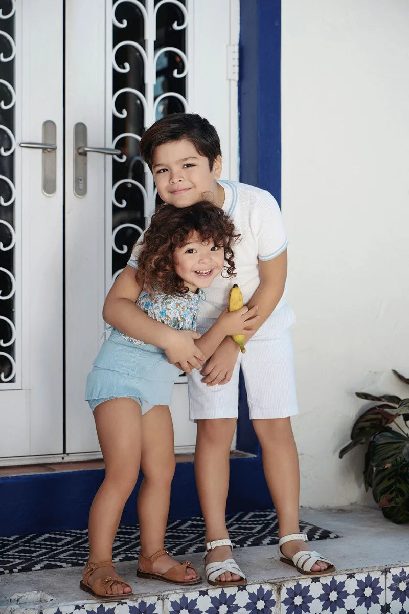 Clearance AS 2024 Summer Blue Shabbos collection sister brother matching clothing 100% cotton floral and knitted kids clothes