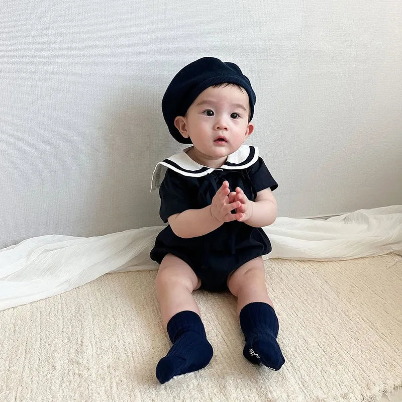 2026 Summer New Baby Short Sleeve Bodysuit Cotton Infant Girl Preppy Style Sailor Collar Jumpsuit Solid Newborn Clothes 0-24M