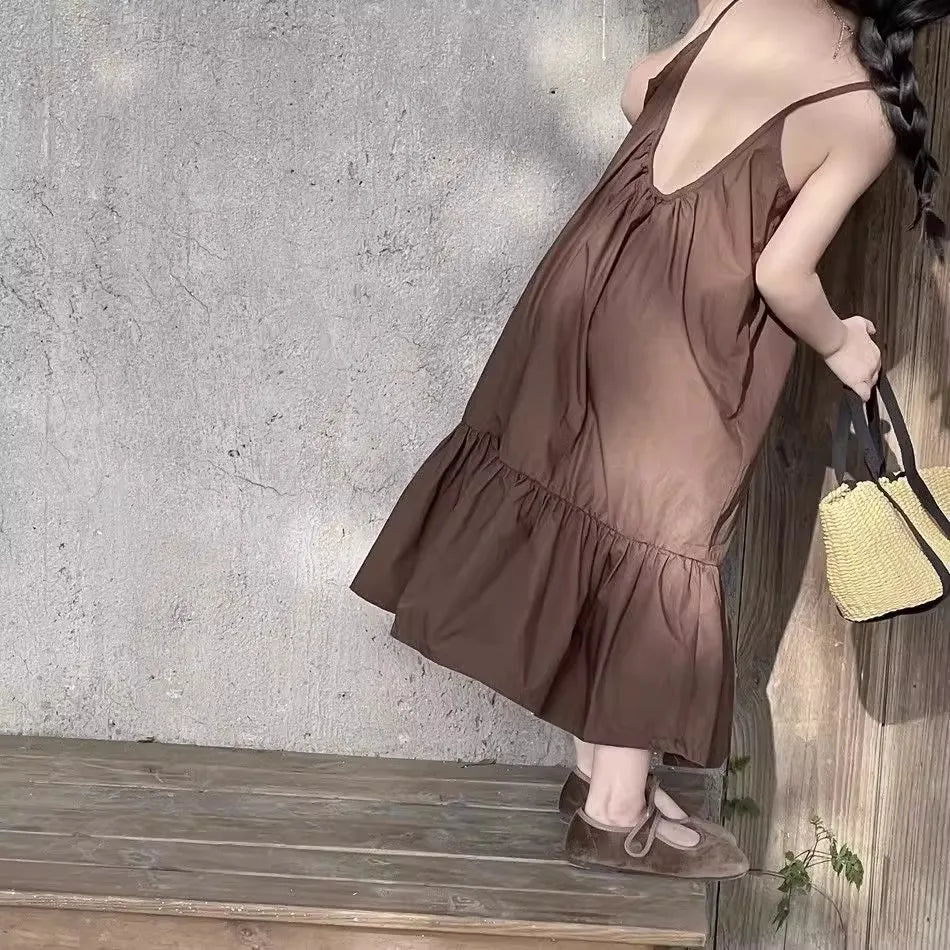 Brown sleeveless beach vacation loose dress For 2-10 Yrs Baby Girls Back To School Clothes 2026 New Summer