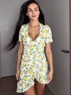 Chic Ruffle Print Slim Short Dress Women Chic Patchwork Flared sleeves V-neck Pleated Dresses 2026 Lady Summer Casual Vestidos