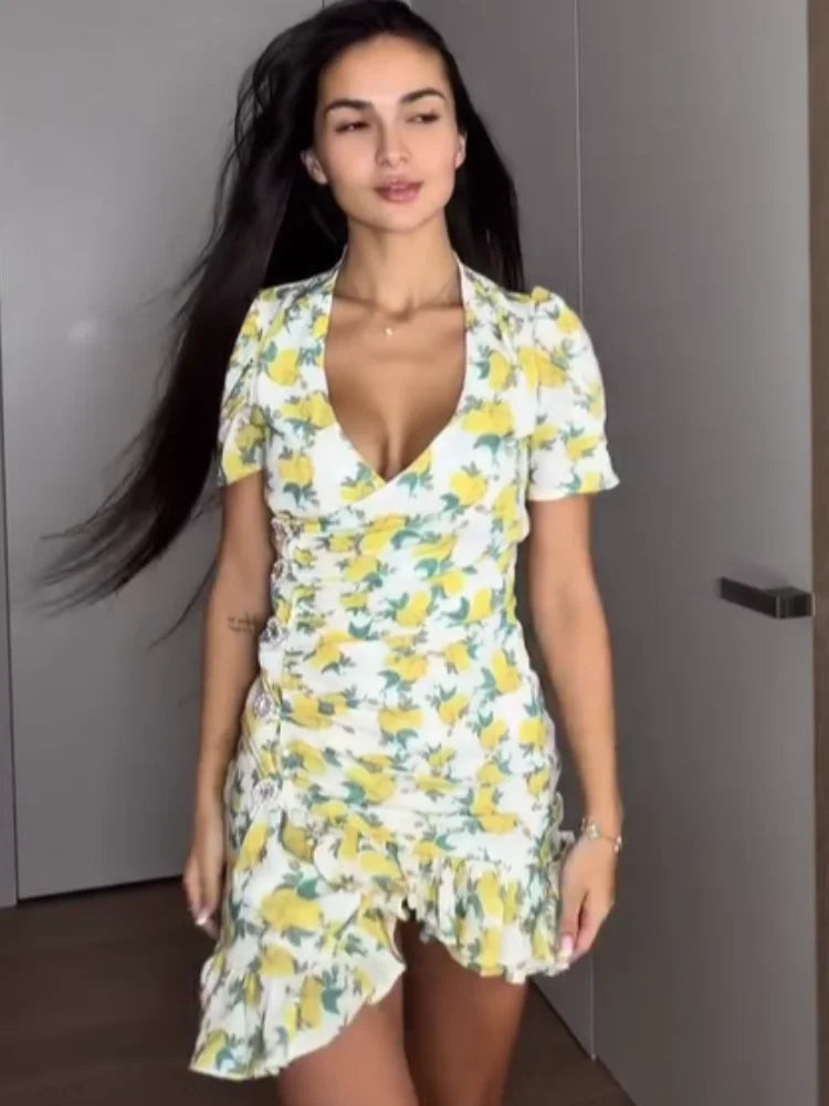 Chic Ruffle Print Slim Short Dress Women Chic Patchwork Flared sleeves V-neck Pleated Dresses 2026 Lady Summer Casual Vestidos