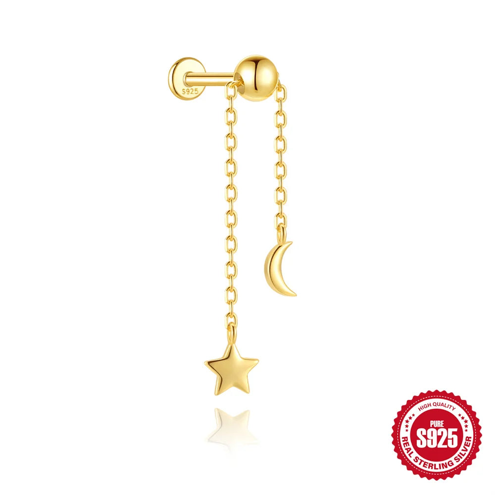 AIDE Star Moon Chain Tassel  925 Sterling Silver Shiny For Woman Piercing Earring Fashion Dainty Luxury Style fine jewelry