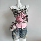 American Harajuku Hottie Camisole Subculture Leopard Patchwork Bow Halter Vest Y2K Aesthetic Letter Print Tanks Women's Slim Top