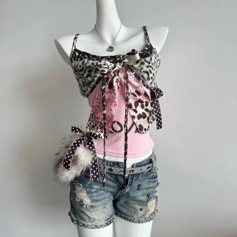 American Harajuku Hottie Camisole Subculture Leopard Patchwork Bow Halter Vest Y2K Aesthetic Letter Print Tanks Women's Slim Top