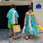 2026 Summer Children Siblings Look Cotton Green Painting Kids Girls Sling Dresses Loose Turn Down Collar Toddler Boys T-shirts