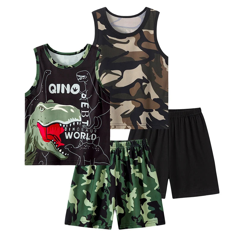 2 Pcs Summer Children's Camouflage Dinosaur Suit Boy Casual Fashion Handsome Vest Girl Comfortable Joker Shorts T-shirt Clothing