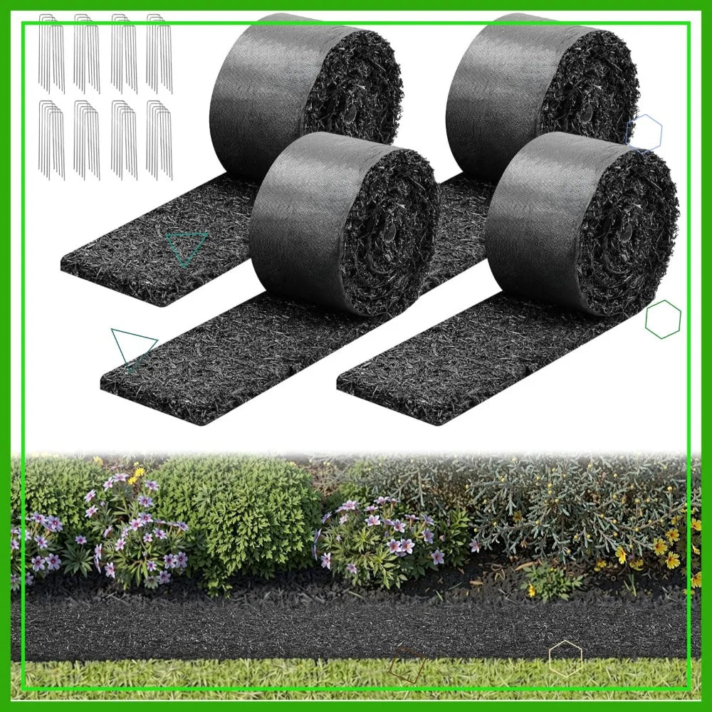 Recycled Rubber Mulch Mat Roll 4 Pack, 120x4.5 in Weed Barrier Garden Edging with Stakes, Durable Landscaping Border