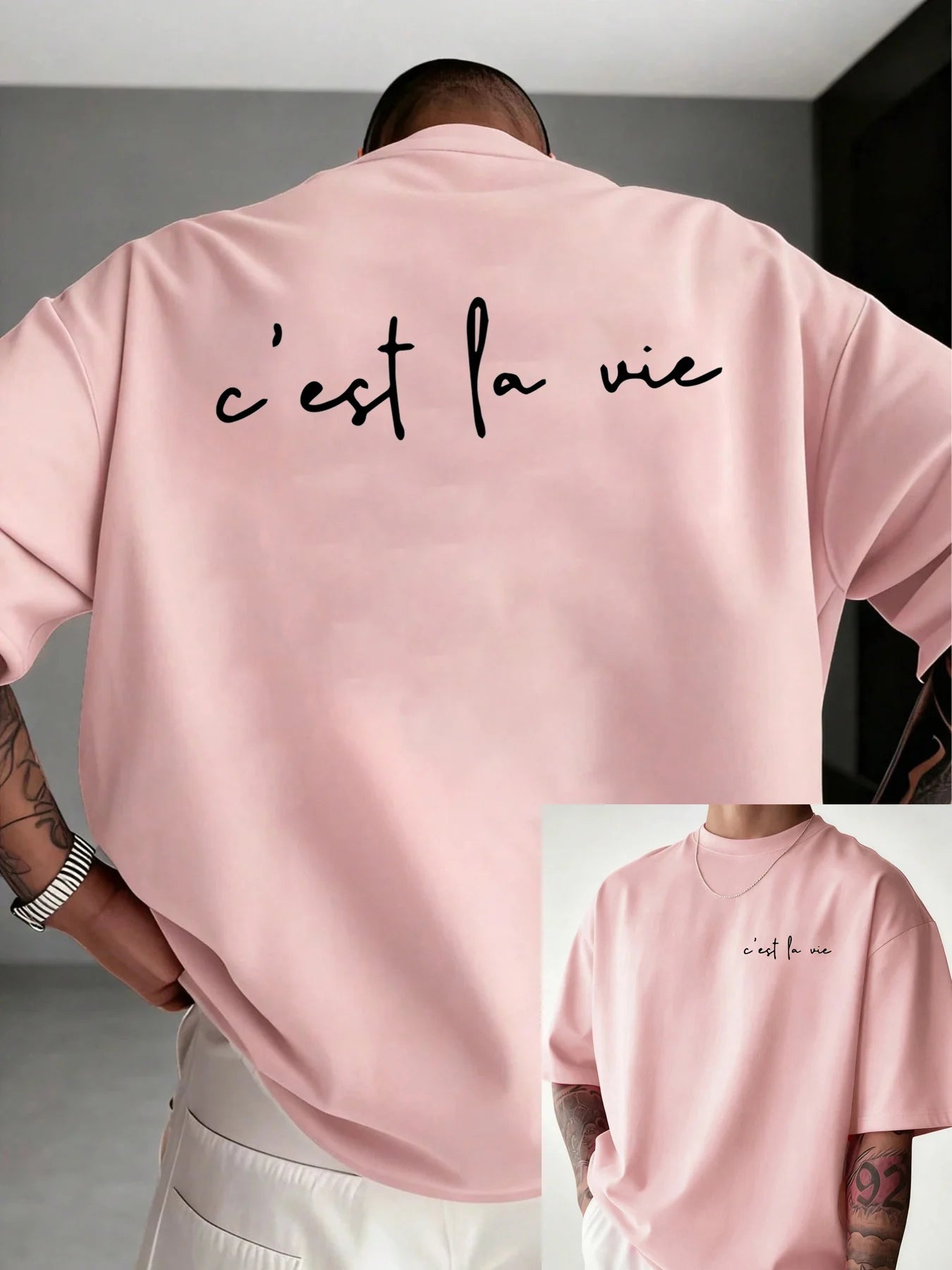 100% pure cotton summer men's fashionable casual loose c'est la vie letter double-sided printed round neck short sleeved T-shirt