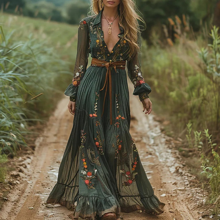 New Long Dress Spring Summer Printed Casual Fashion Loose Elegant Commuter Style Clothes Long-sleeved Mid-waist Lapel Dresses