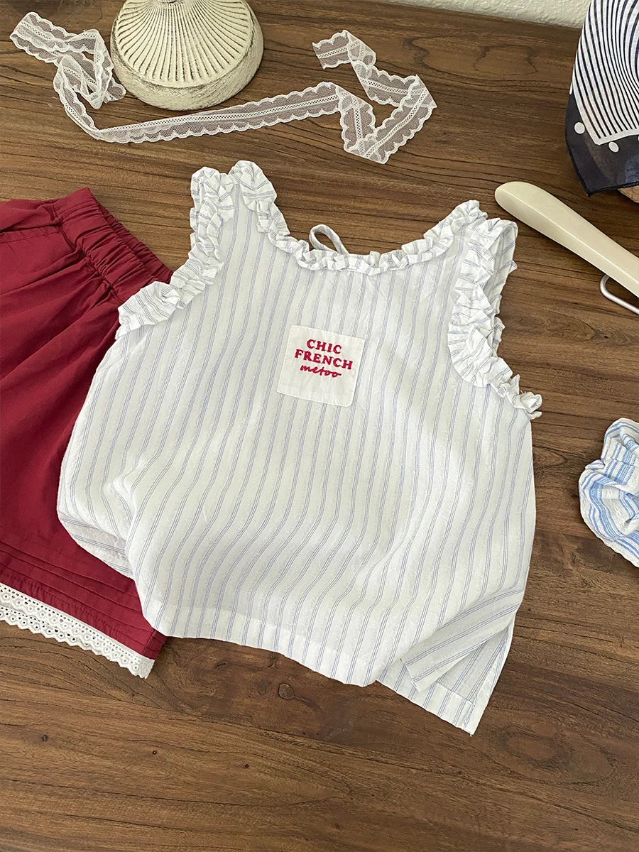 2026 Summer New Girls Sleeveless T Shirts Baby Girl Cute Lace Vest Cotton Striped Toddler Thin Breathable Tops Kids Clothes