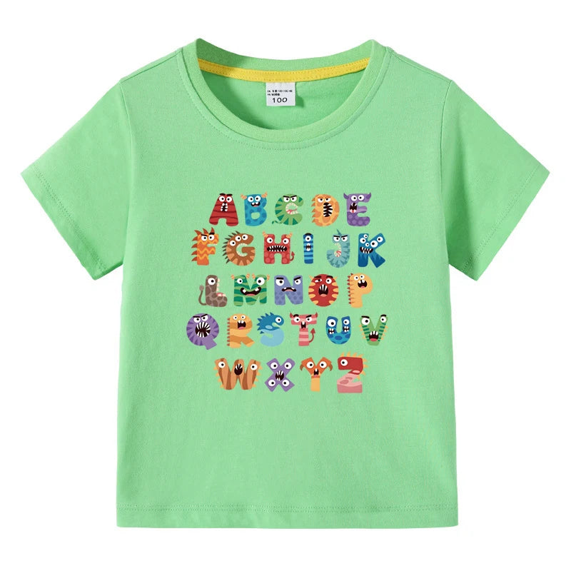 Boys Girls T-Shirt 26 Letters Print Black 100% Cotton Short Sleeve Tee Soft Casual Summer Tops for Kids Children