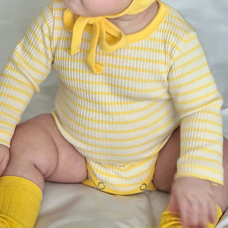 2026 Spring New Baby Long Sleeve Bodysuit + Hat Infant Girls Cute Thin Striped Jumpsuit Newborn Toddler Cotton Clothes 0-24M