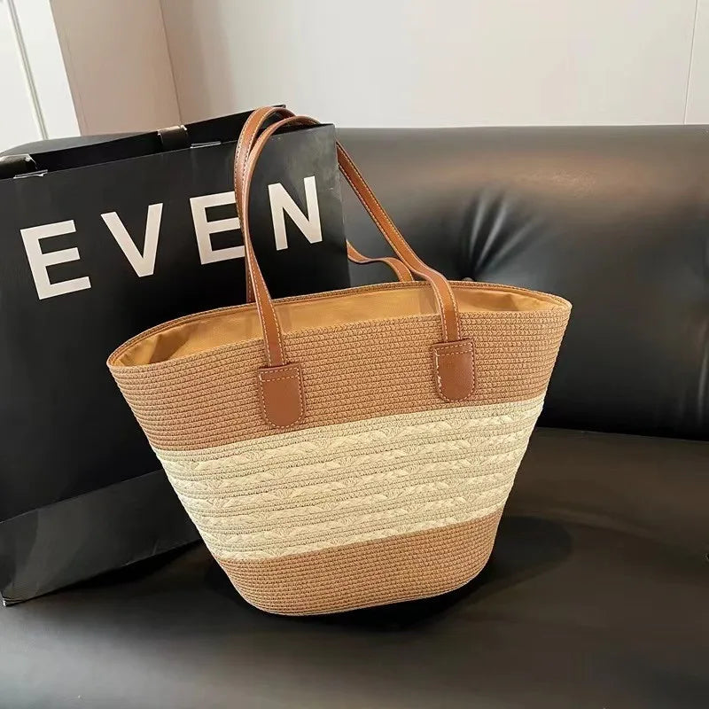 Women's Straw Woven Tote Bag With Hand New Beach Seaside Outdoor Travel Vacation Large Capacity Shoulder Bag Basket Handbag