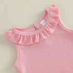 0-3Y Baby Girls Summer Waffle Knit 2Pcs Clothes Set Infant Ruffle Neck Sleeveless Tank Top Pink Shorts Sweet Pink Outfits