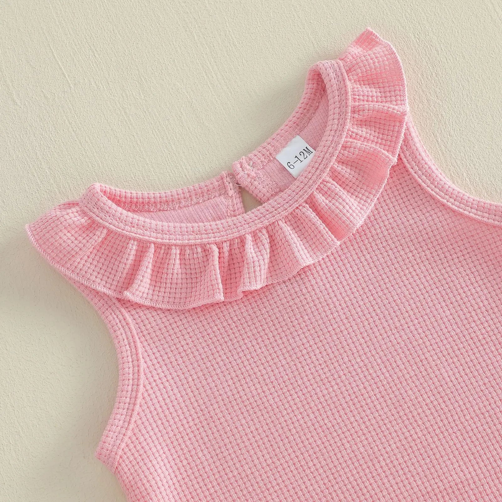 0-3Y Baby Girls Summer Waffle Knit 2Pcs Clothes Set Infant Ruffle Neck Sleeveless Tank Top Pink Shorts Sweet Pink Outfits