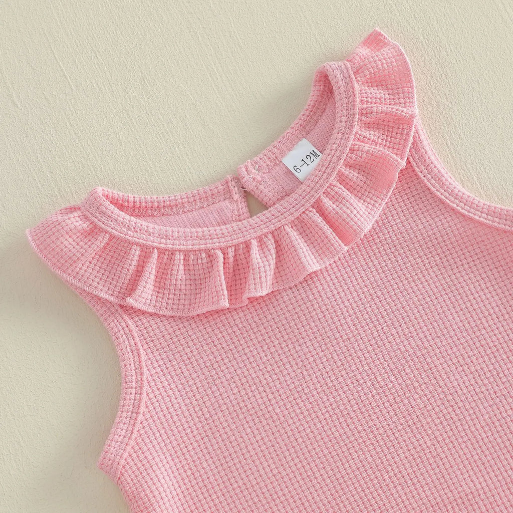 0-3Y Baby Girls Summer Waffle Knit 2Pcs Clothes Set Infant Ruffle Neck Sleeveless Tank Top Pink Shorts Sweet Pink Outfits