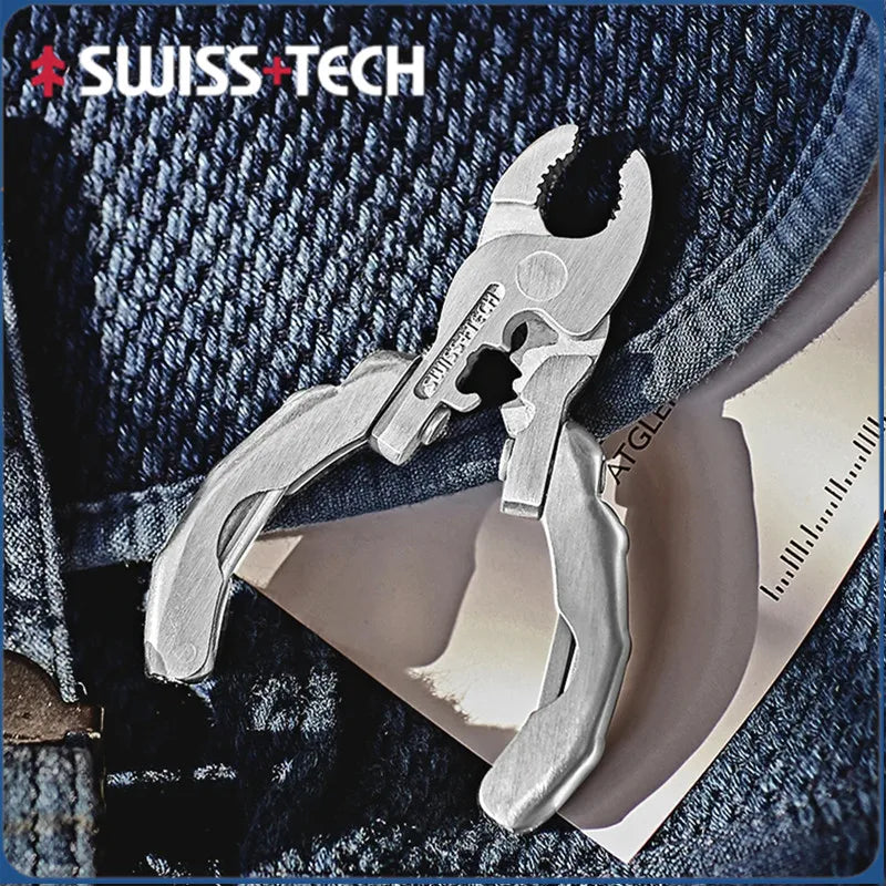 SWISS TECH 9 IN 1 Mini Multifunctional Pliers Pocket EDC Multitool Keychain Screwdriver Outdoor Hiking Gear Small Bottle Opener