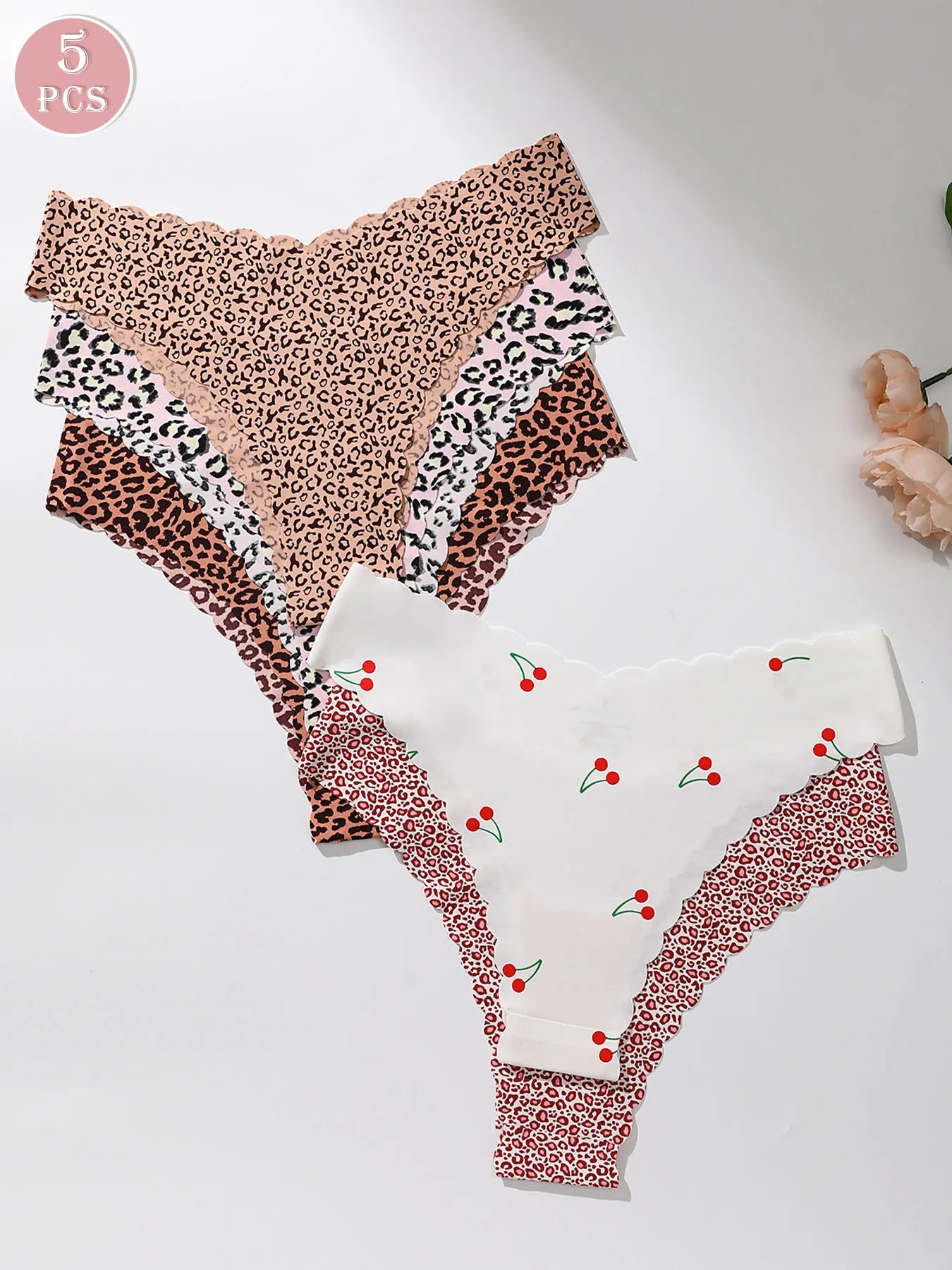5-piece set of fully printed women's triangle panties with wavy edges, smooth and skin-friendly soft women's underwear