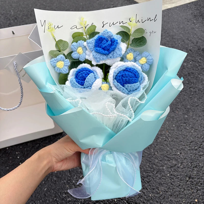Hand Knitted Flower Graduation Gifts Crochet Flowers Finished Hand-woven Flower Bouquet Wedding Graduation flower bouquet