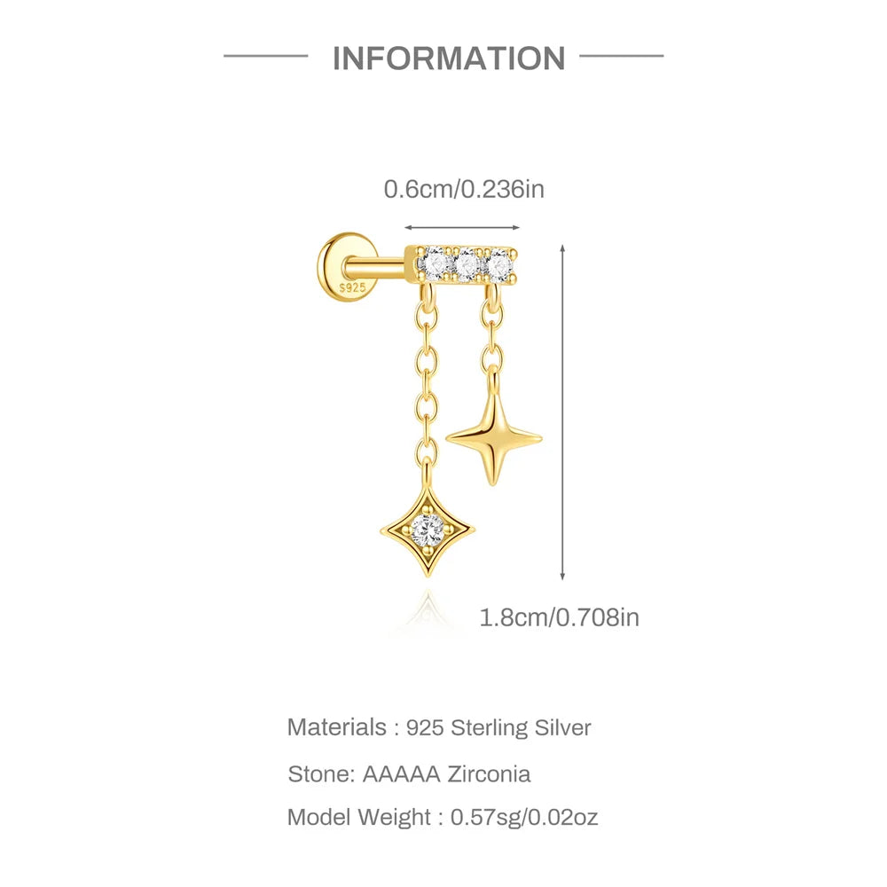 AIDE Star Moon Chain Tassel  925 Sterling Silver Shiny For Woman Piercing Earring Fashion Dainty Luxury Style fine jewelry