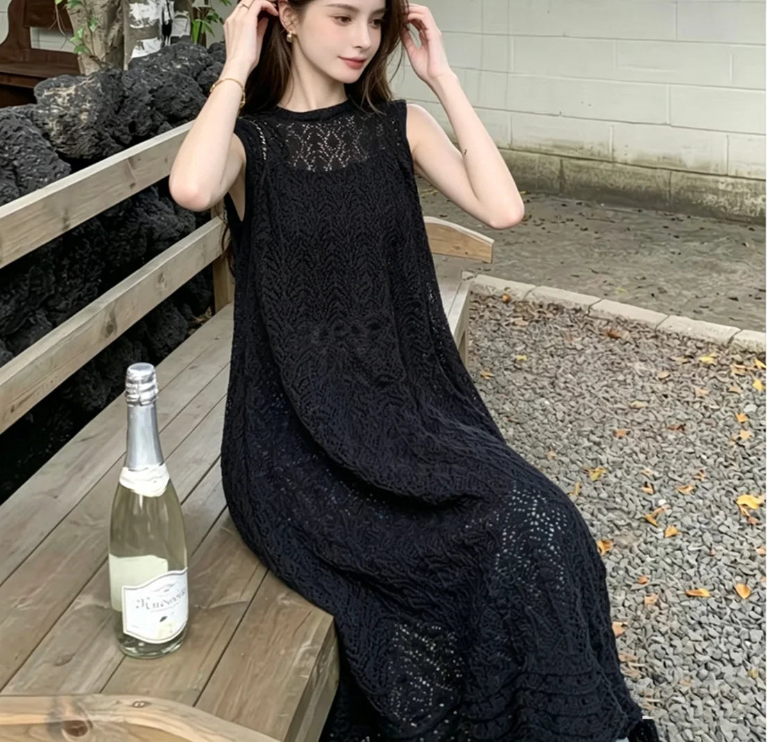 2026Boho Crochet Sleeveless Long Cardigan Women Summer Openwork Knit Vest Loose Maxi Kimono Cover Up Beachwear